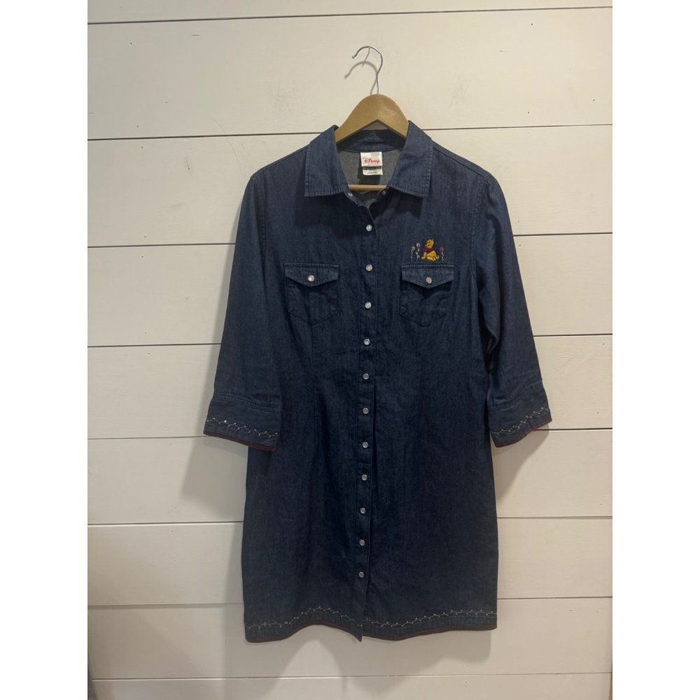 Disney Store Embroidery Pooh Snap Button Down Dress 3/4 Sleeve Denim Medium Wome